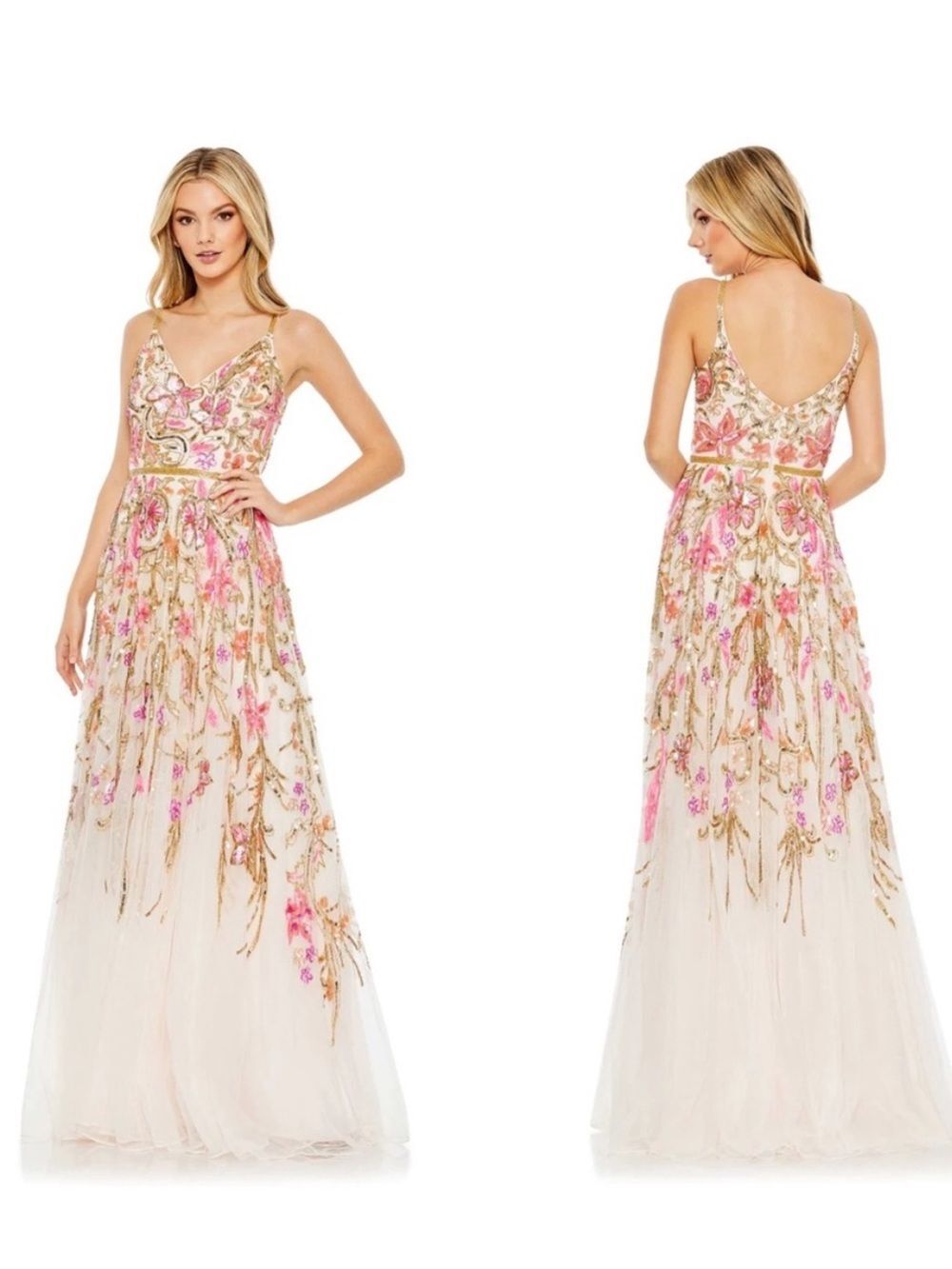 Mac Duggal 5671 V-Neck Floral Embellished Spaghetti Strap Gown NWT 10